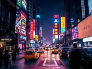 Vibrant Cityscape with Neon Lights at Night – free AI stock image