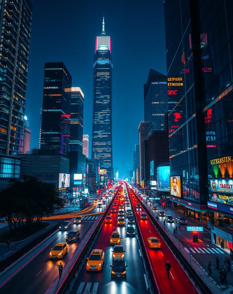 Vibrant Cityscape with Neon Night Lights – free AI stock image