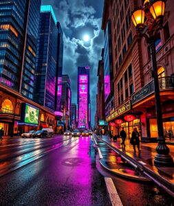 Vibrant Cityscape with Skyscrapers at Night – free AI stock image