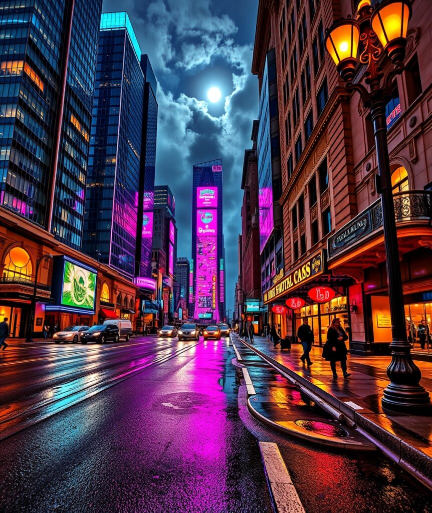 Vibrant Cityscape with Skyscrapers at Night – free AI stock image
