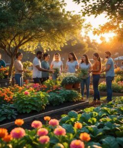Vibrant Community Garden at Sunset – free AI stock image