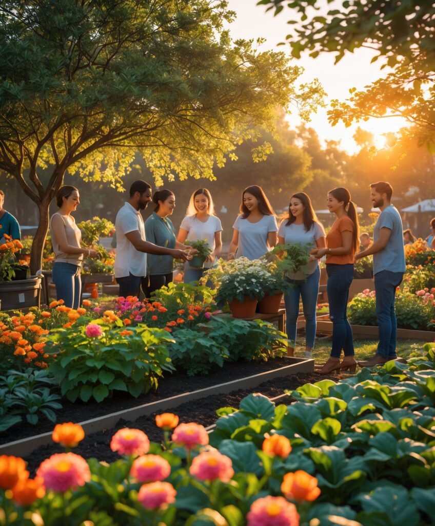 Vibrant Community Garden at Sunset – free AI stock image