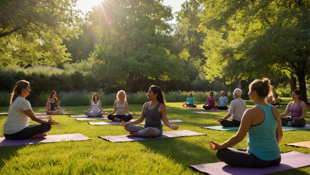 Vibrant Community Yoga in a Park – free AI stock image