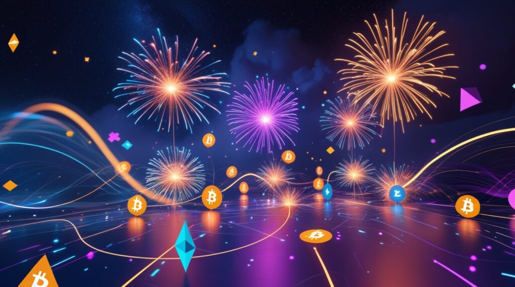 Vibrant Cryptocurrency Celebration with Digital Fireworks – free AI stock image