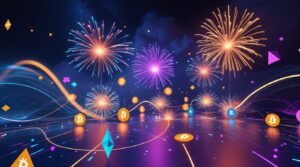 Vibrant Cryptocurrency Celebration with Digital Fireworks – free AI stock image