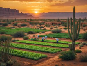 Vibrant Desert Farming Under Golden – free AI stock image