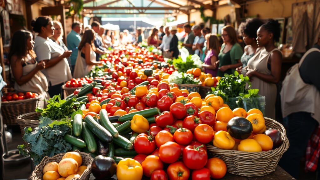 Vibrant Farmers Market Spread with Fresh Fruits and Vegetables image – free AI stock image