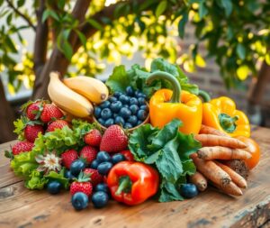 A Vibrant Feast of Fresh Fruits and Veggies – free AI stock image