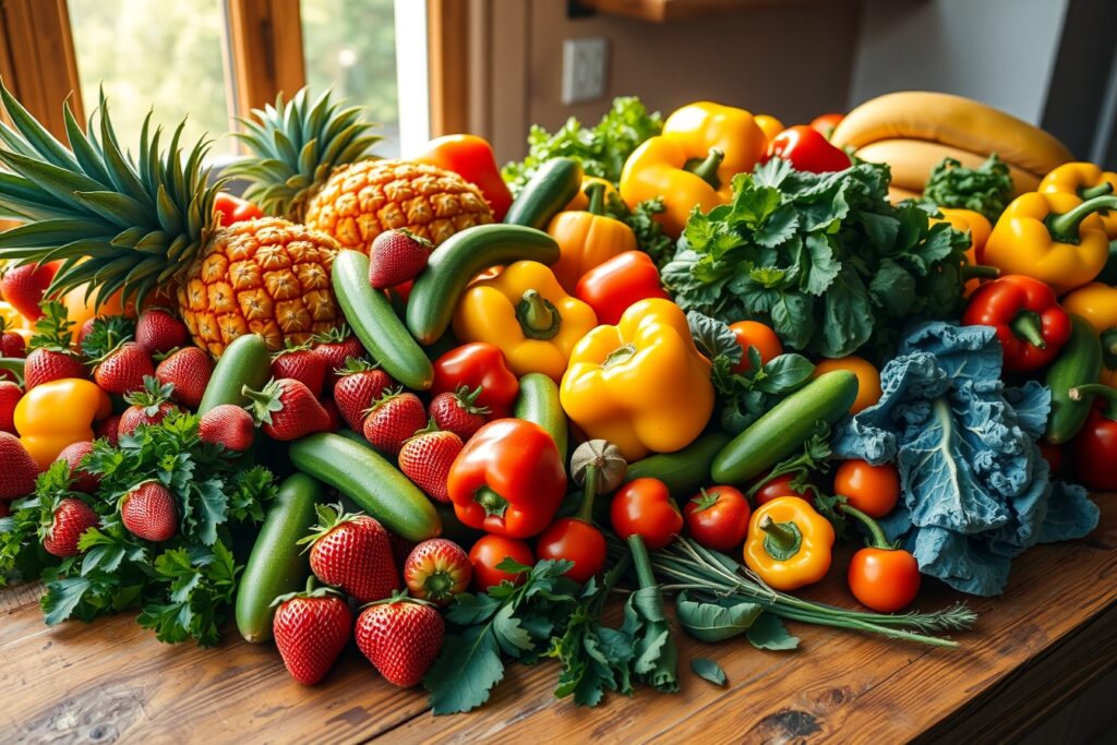 A Vibrant Feast of Fresh Fruits and Vegetables – free AI stock image