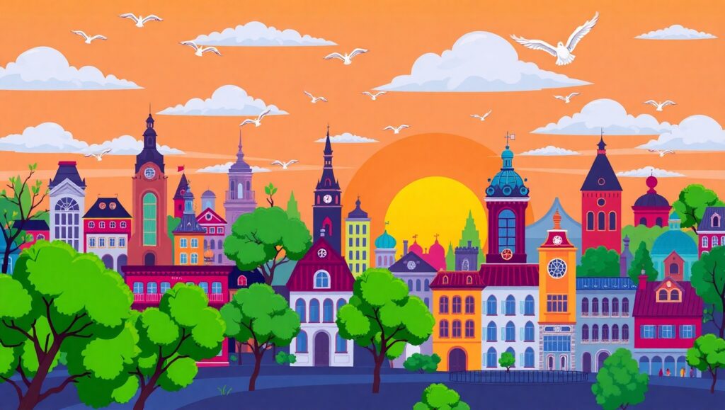Vibrant Flat Design City Skyline – free AI stock image