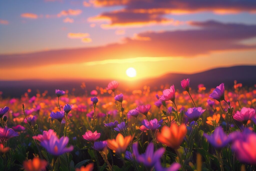 Vibrant Flowers Under a Majestic Sunset – free AI stock image
