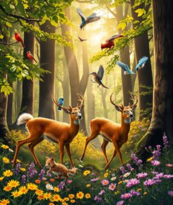 Vibrant Forest Scene with Diverse Wildlife – free AI stock image