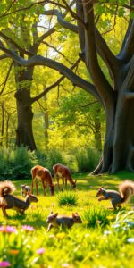 A Vibrant Forest Scene with Playful Animals – free AI stock image