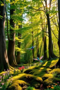 Vibrant Forest with Sunlight Streaming Through – free AI stock image
