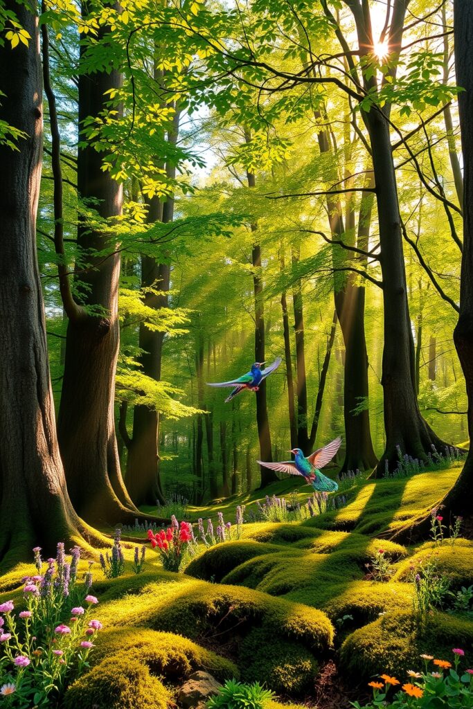 Vibrant Forest with Sunlight Streaming Through – free AI stock image