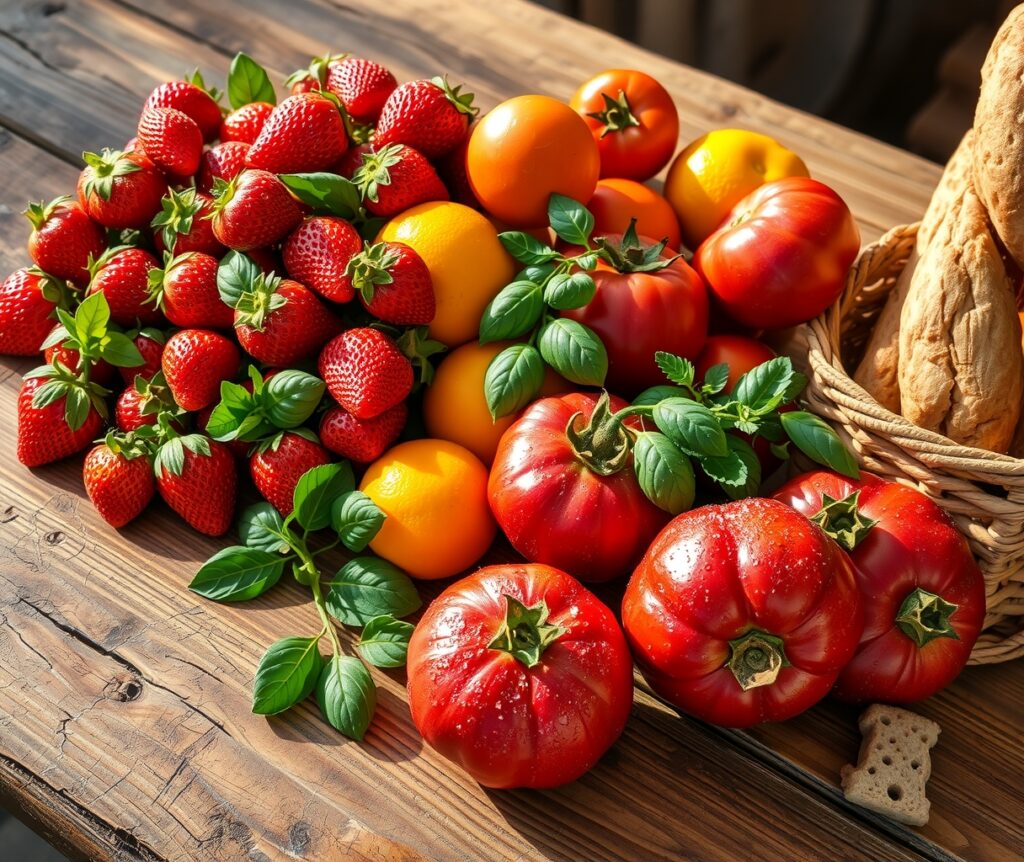 Vibrant Fresh Fruits and Vegetables Display – free AI stock image