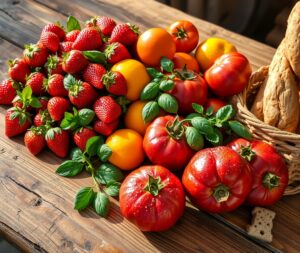 Vibrant Fresh Fruits and Vegetables Display – free AI stock image