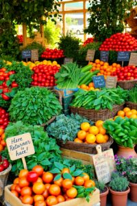 Vibrant Fresh Fruits and Vegetables Display – free AI stock image