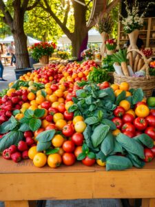 Vibrant Fresh Fruits and Vegetables Display – free AI stock image