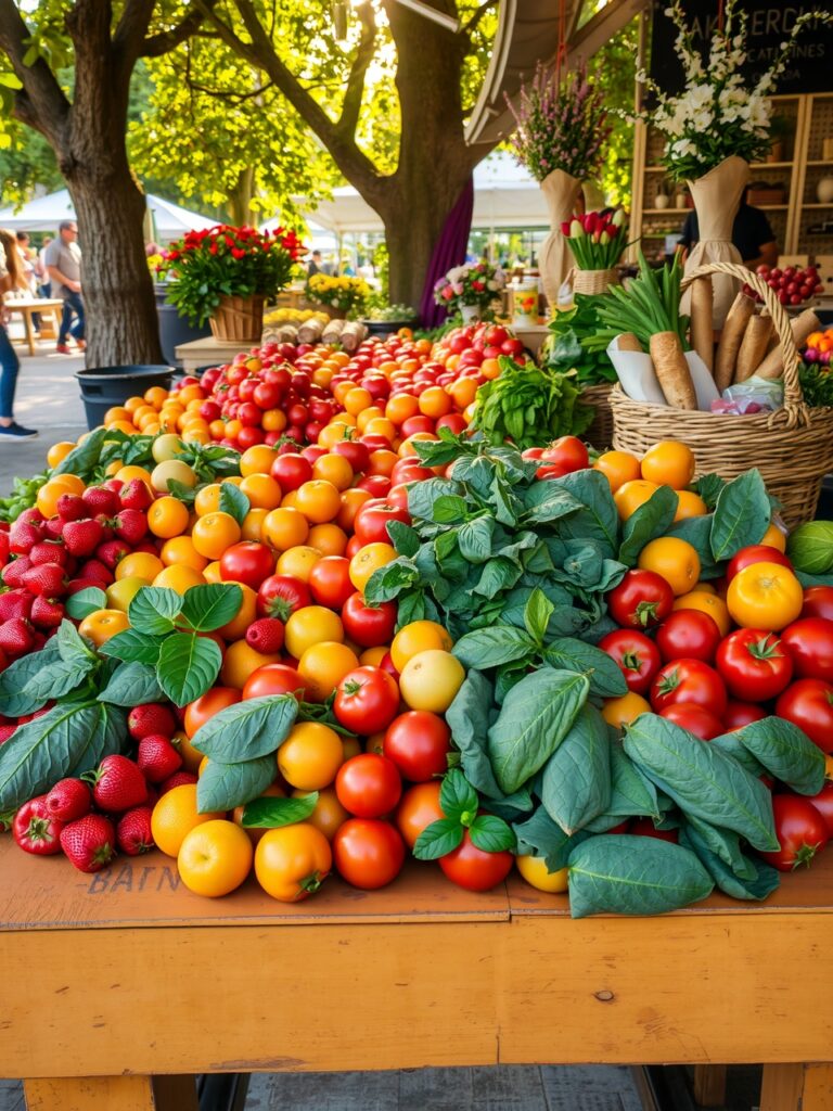 Vibrant Fresh Fruits and Vegetables Display – free AI stock image