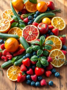 Vibrant Fresh Fruits and Vegetables Spread – free AI stock image
