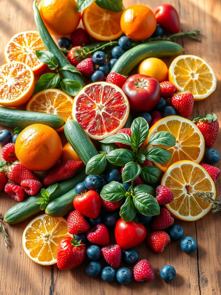 Vibrant Fresh Fruits and Vegetables Spread – free AI stock image