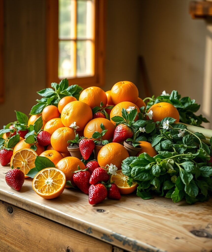 Vibrant Fresh Fruits and Vegetables Spread – free AI stock image