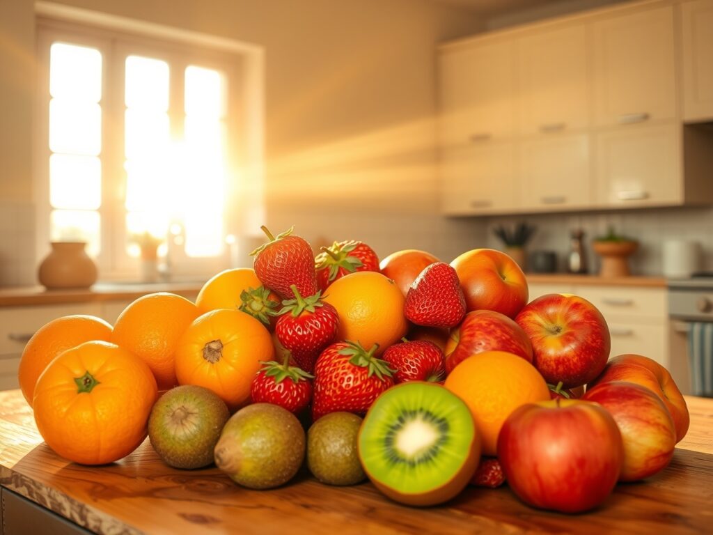 Vibrant Fresh Fruits in a Sunlit Kitchen – free AI stock image