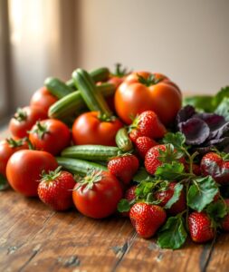 Vibrant Fresh Fruits and Vegetables Display – free AI stock image