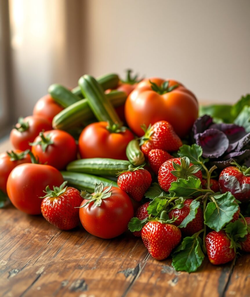 Vibrant Fresh Fruits and Vegetables Display – free AI stock image