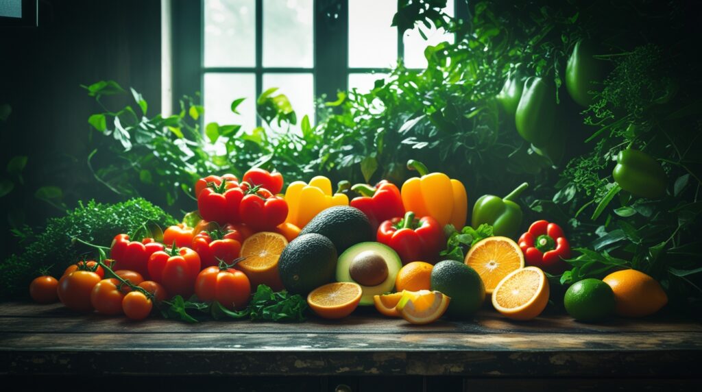 Vibrant Fruit and Vegetable Arrangement – free AI stock image