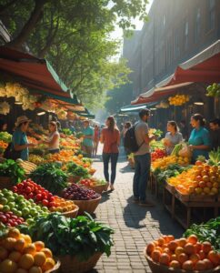 Vibrant Fruit and Vegetable Market Scene – free AI stock image