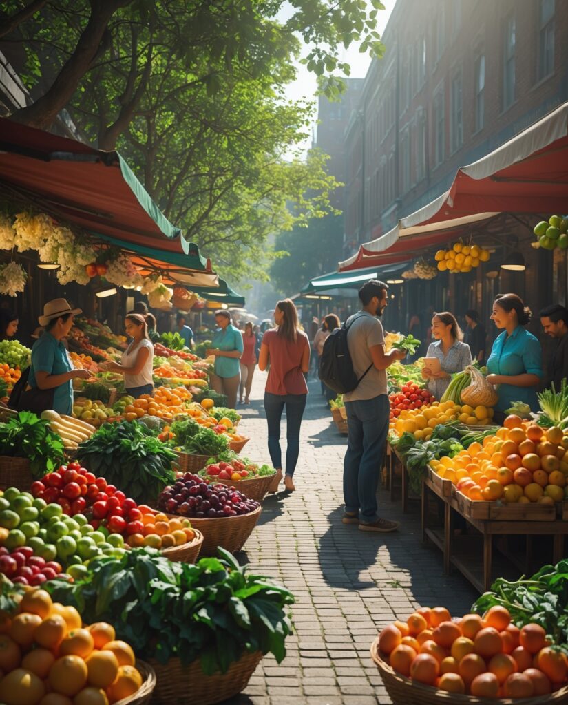 Vibrant Fruit and Vegetable Market Scene – free AI stock image