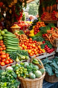 Vibrant Fruit and Vegetable Market Stall – free AI stock image