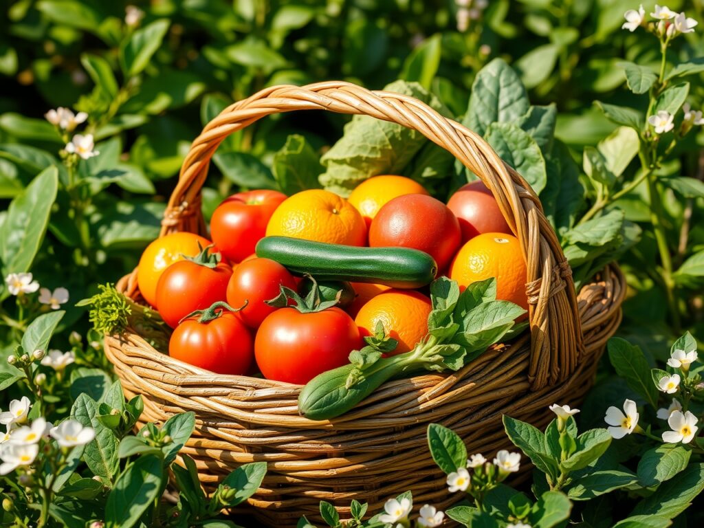 Vibrant Fruit and Veggie Harvest Display – free AI stock image
