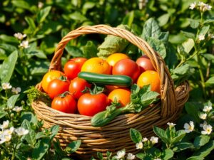 Vibrant Fruit and Veggie Harvest Display – free AI stock image