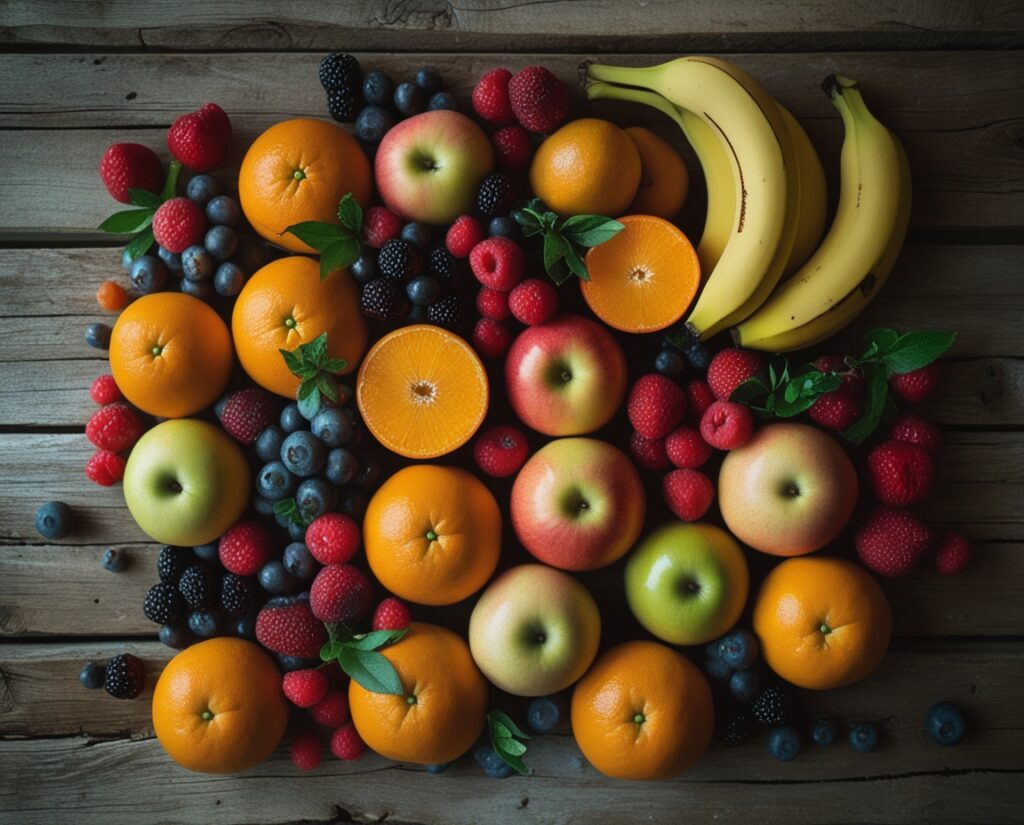 Vibrant Fruit Arrangement on Rustic Table – free AI stock image