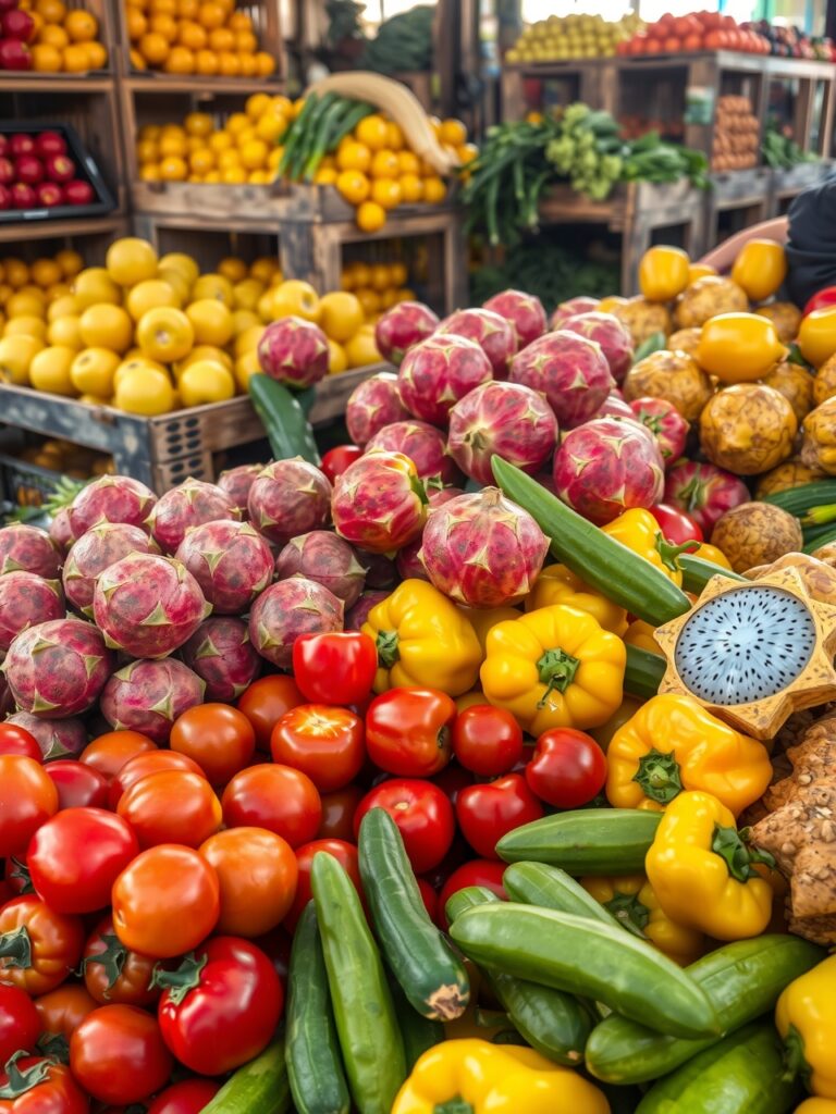 Vibrant Fruits and Fresh Vegetables Display – free AI stock image