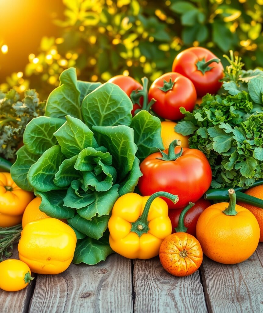 Vibrant Fruits and Vegetables Abundantly Arranged – free AI stock image