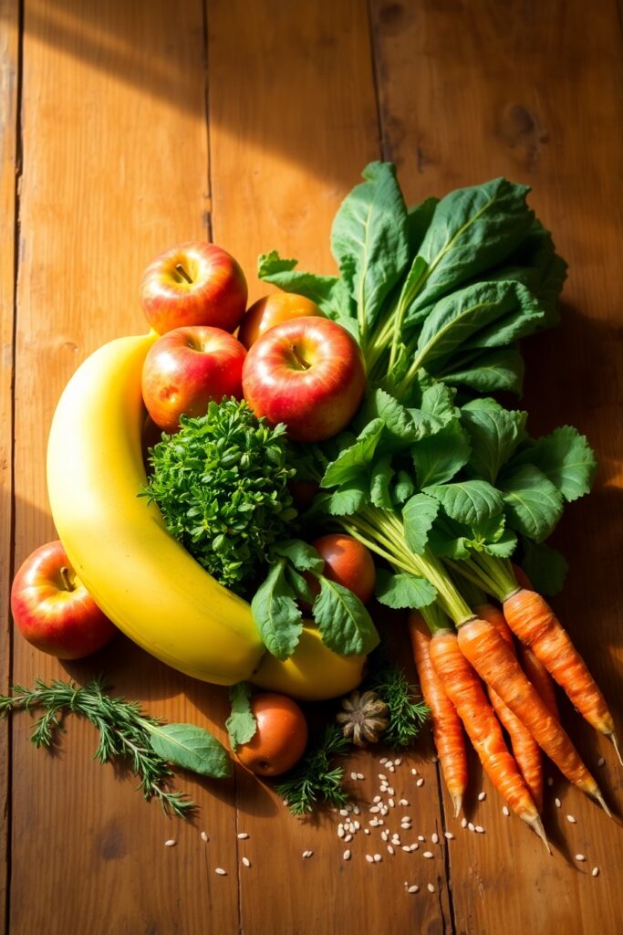 Vibrant Fruits and Vegetables Arrangement – free AI stock image
