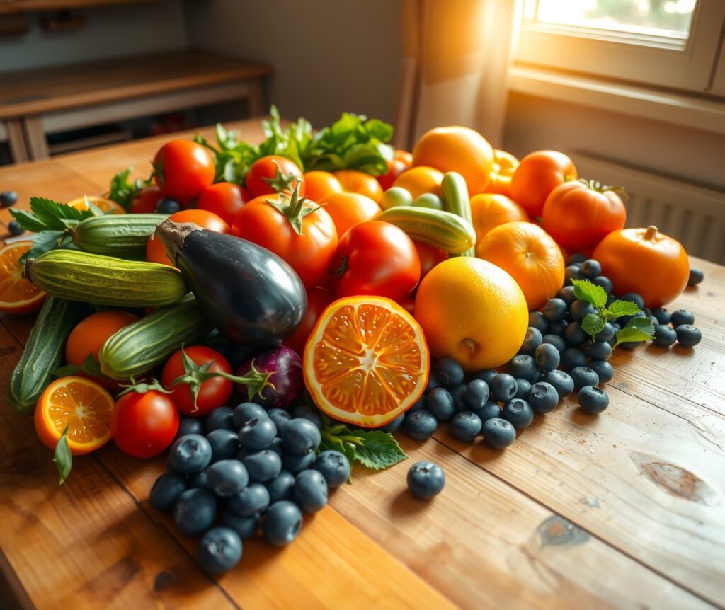 Vibrant Fruits and Vegetables Arrangement – free AI stock image