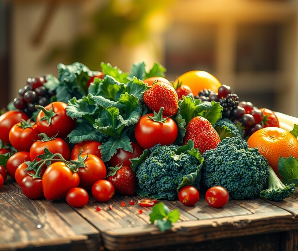 Vibrant Fruits and Vegetables Arrangement – free AI stock image