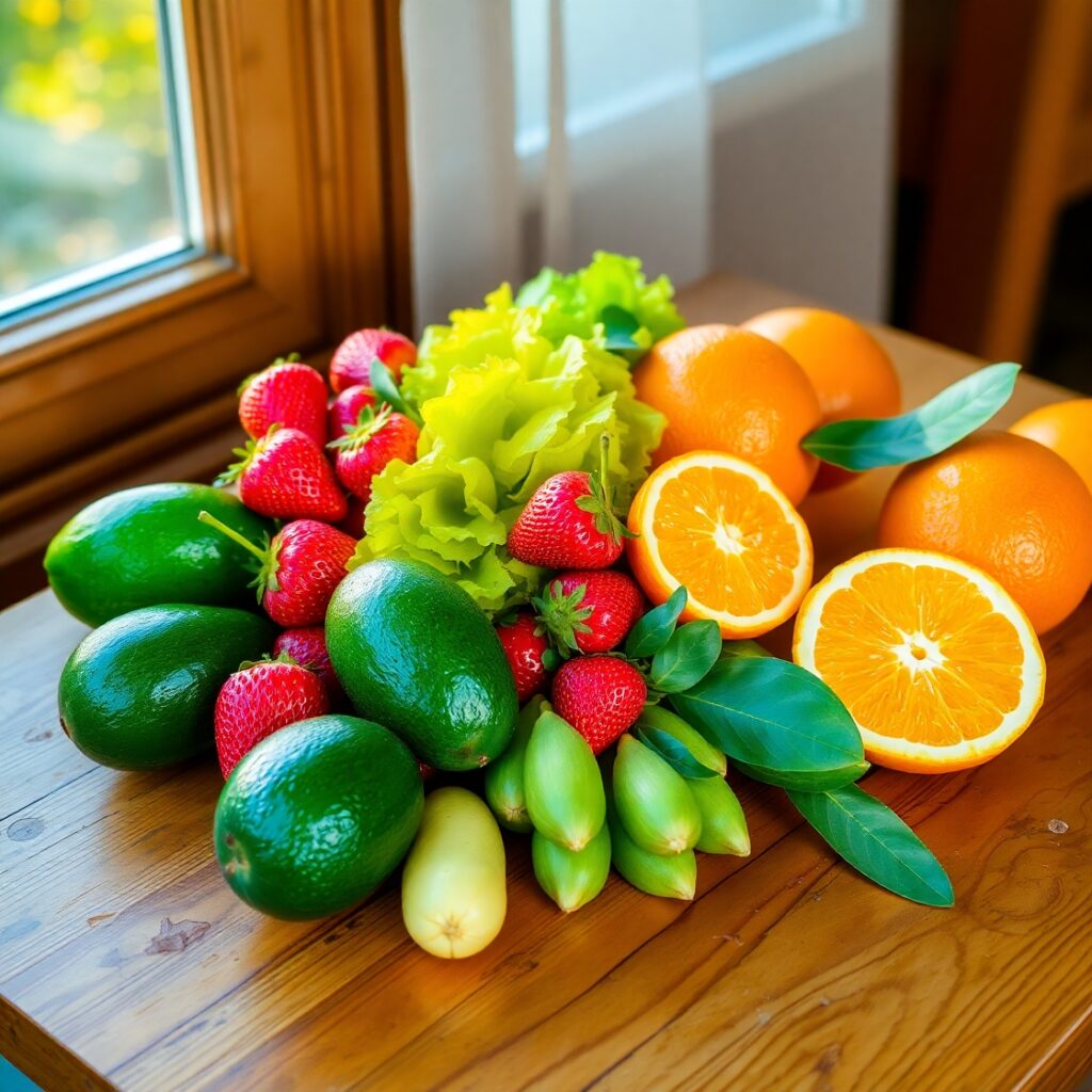 Vibrant Fruits and Vegetables Arrangement – free AI stock image