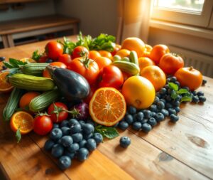 Vibrant Fruits and Vegetables Arrangement – free AI stock image