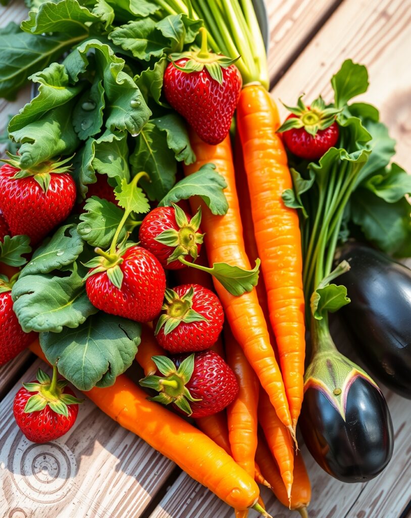 Vibrant Fruits and Vegetables Arrangement – free AI stock image