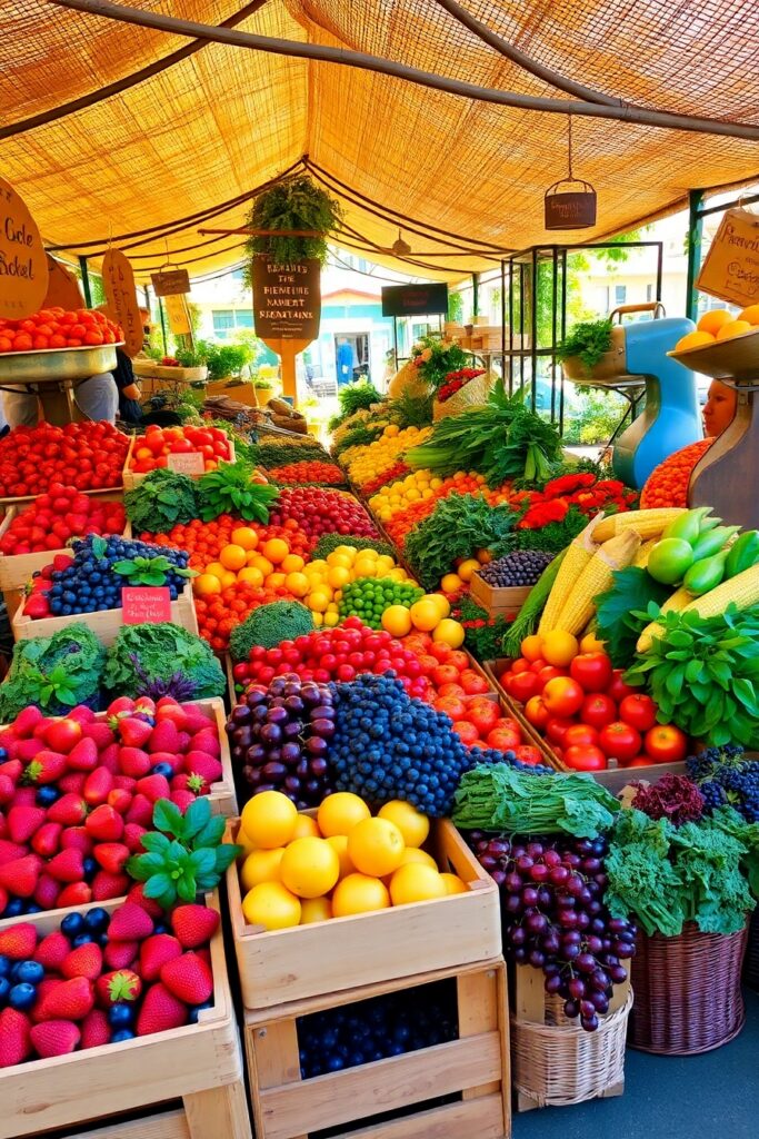 Vibrant Fruits and Vegetables at a Farmer’s Market – free AI stock image