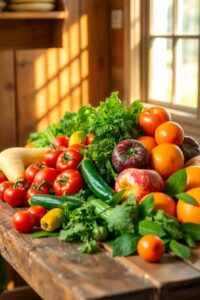 Vibrant Fruits and Vegetables Display – free AI stock image