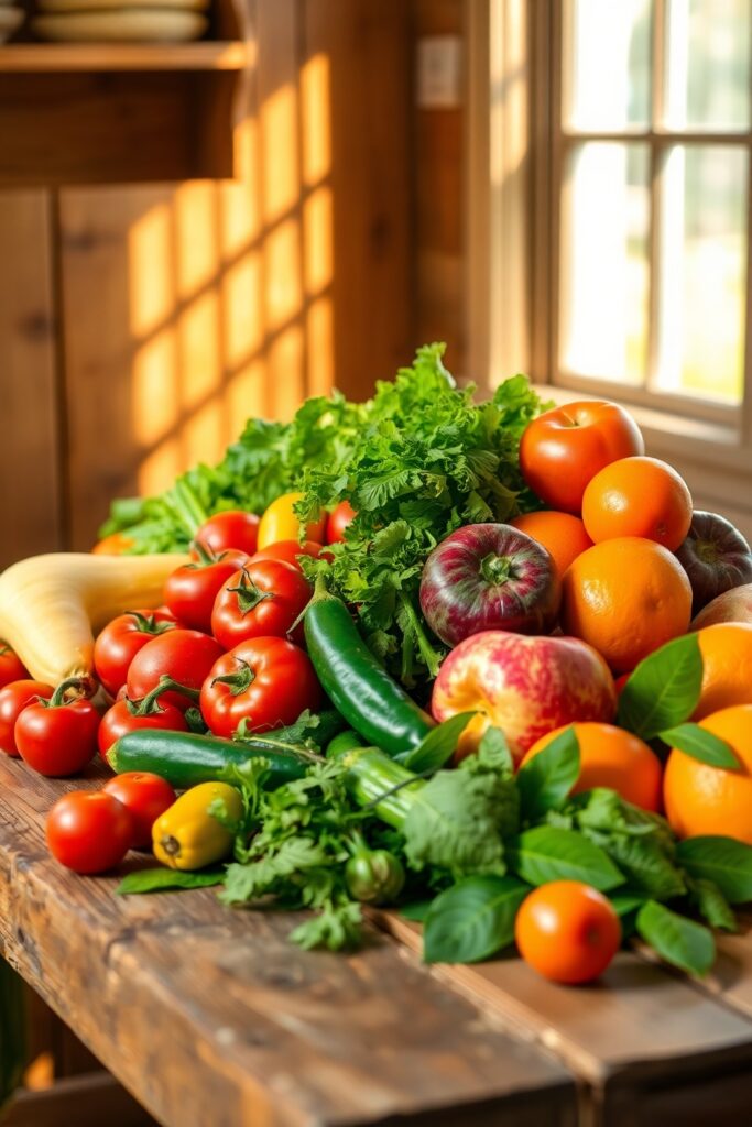 Vibrant Fruits and Vegetables Display – free AI stock image