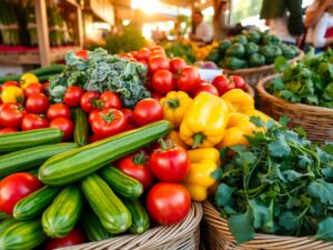 Vibrant Fruits and Vegetables Display – free AI stock image