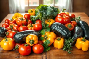 Vibrant Fruits and Vegetables Display – free AI stock image